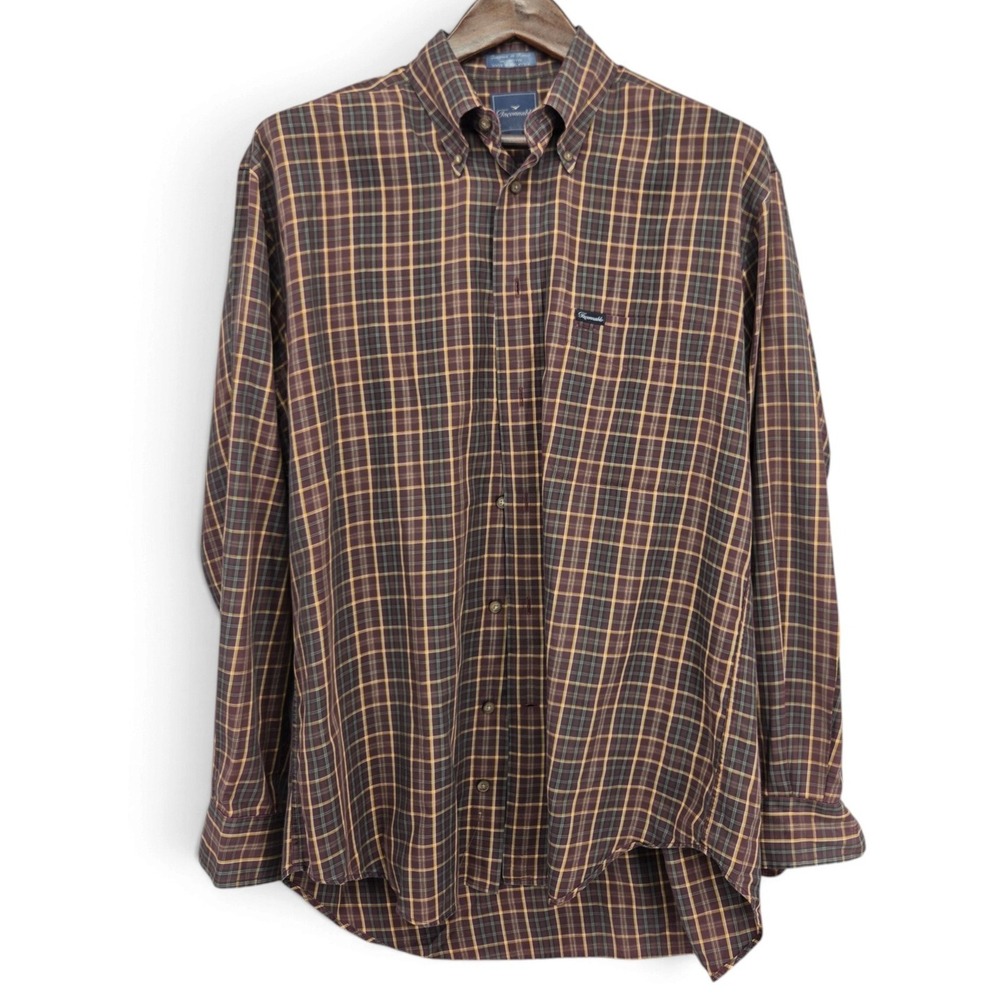 Faconnable Mens Medium Brown Plaid Button Down Shirt 100% Cotton Designed France